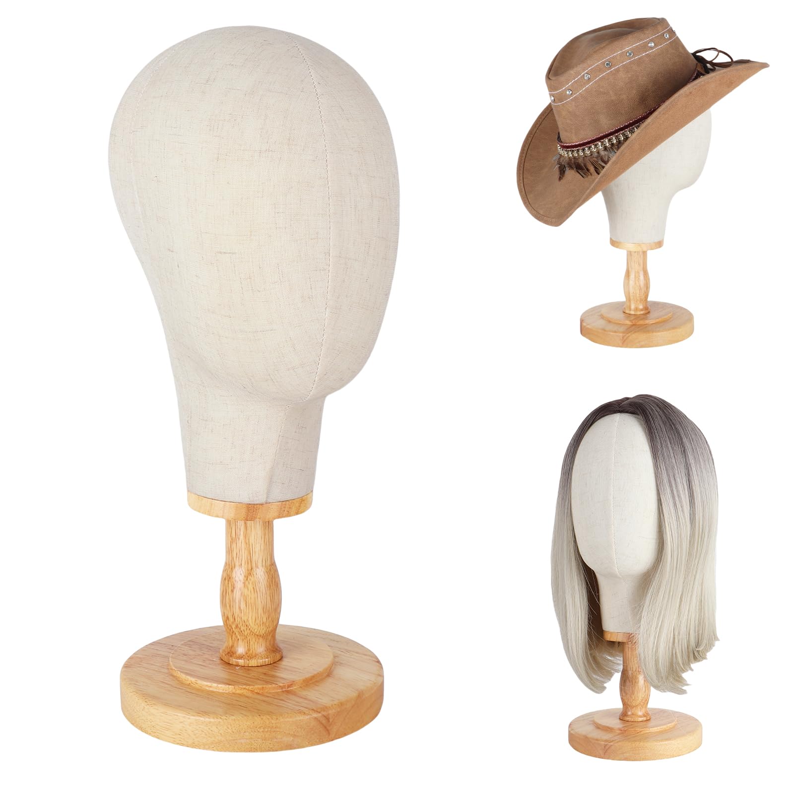 DaizySight Canvas Wig Stand Mannequin Head for Hat Display 21" Neutral Canvas Head with Detachable Wooden Base