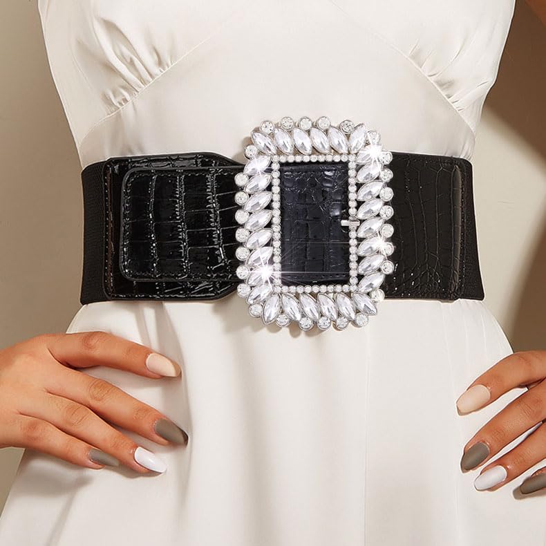 Wide Elastic Waist Belt Rhinestone Buckle Lady Belt for Dresses Sparkle Crystal Stretchy Wide Belt for Women2