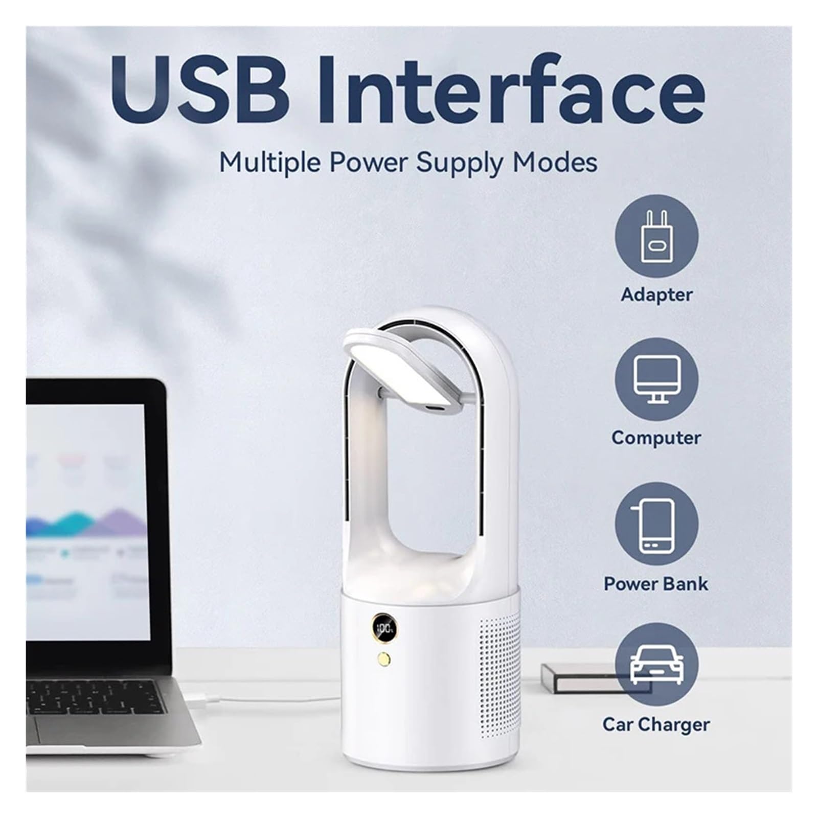 BezłOpatkowy Wentylator Biurkowy Elektryczny Bezłopatkowy Wentylator Stołowy Z Ładowaniem USB Przenośny Bezprzewodowy Mini Wentylator Chłodzący Ultra Cicha Lampka Nocna LED Do Użytku W Domu I Biurze(B