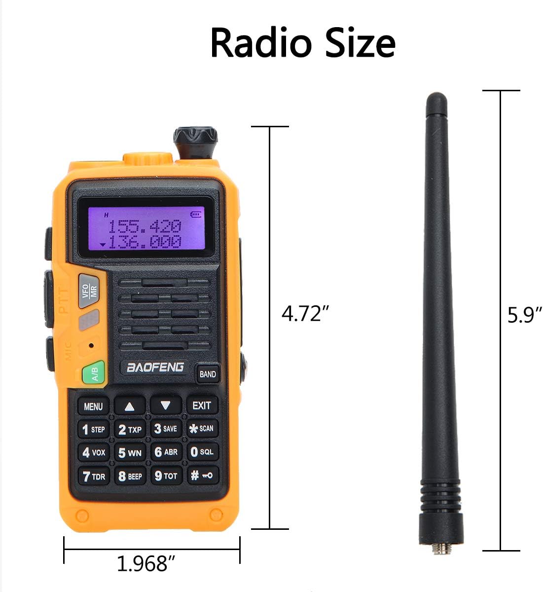 Diagram showing the dimensions of the Airiton UV-S9 Plus radio and its antenna