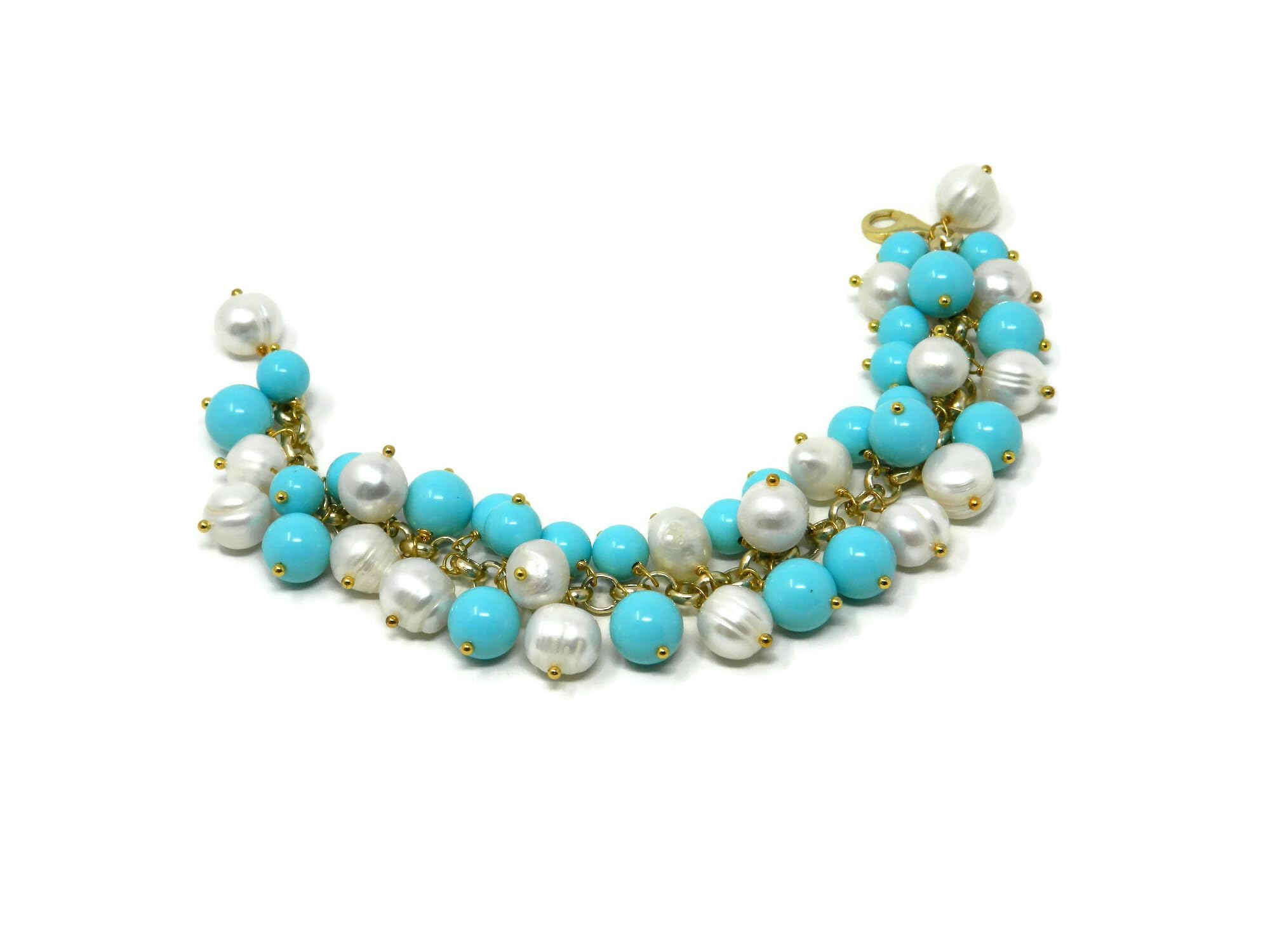 DodiGioielli Bracciale Charms Donna con Palline in Pasta di Turchese e Perle di Fiume Bianche – Lunghezza 21 cm – Catena Dorata e Chiusura in Argento 925 Placcato Oro – Made in Italy – Nichel Free
