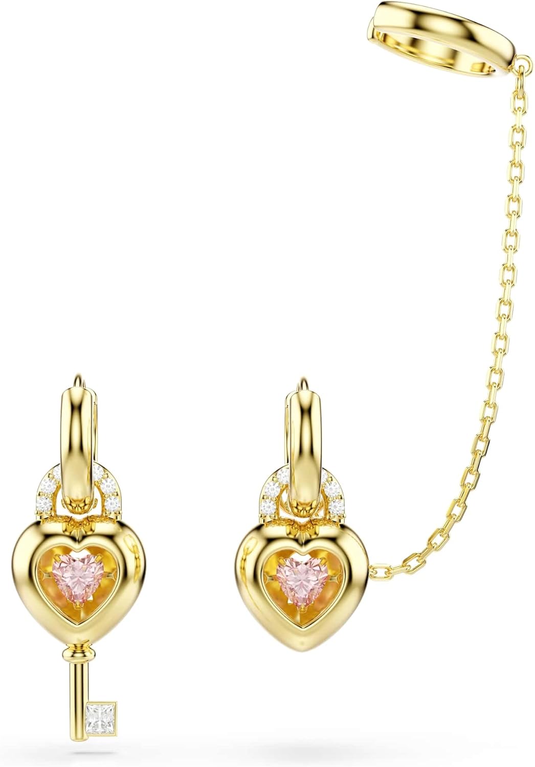 Swarovski Idyllia drop earrings with ear cuff, Mixed cuts, Heart with key, Pink, Gold-tone plated