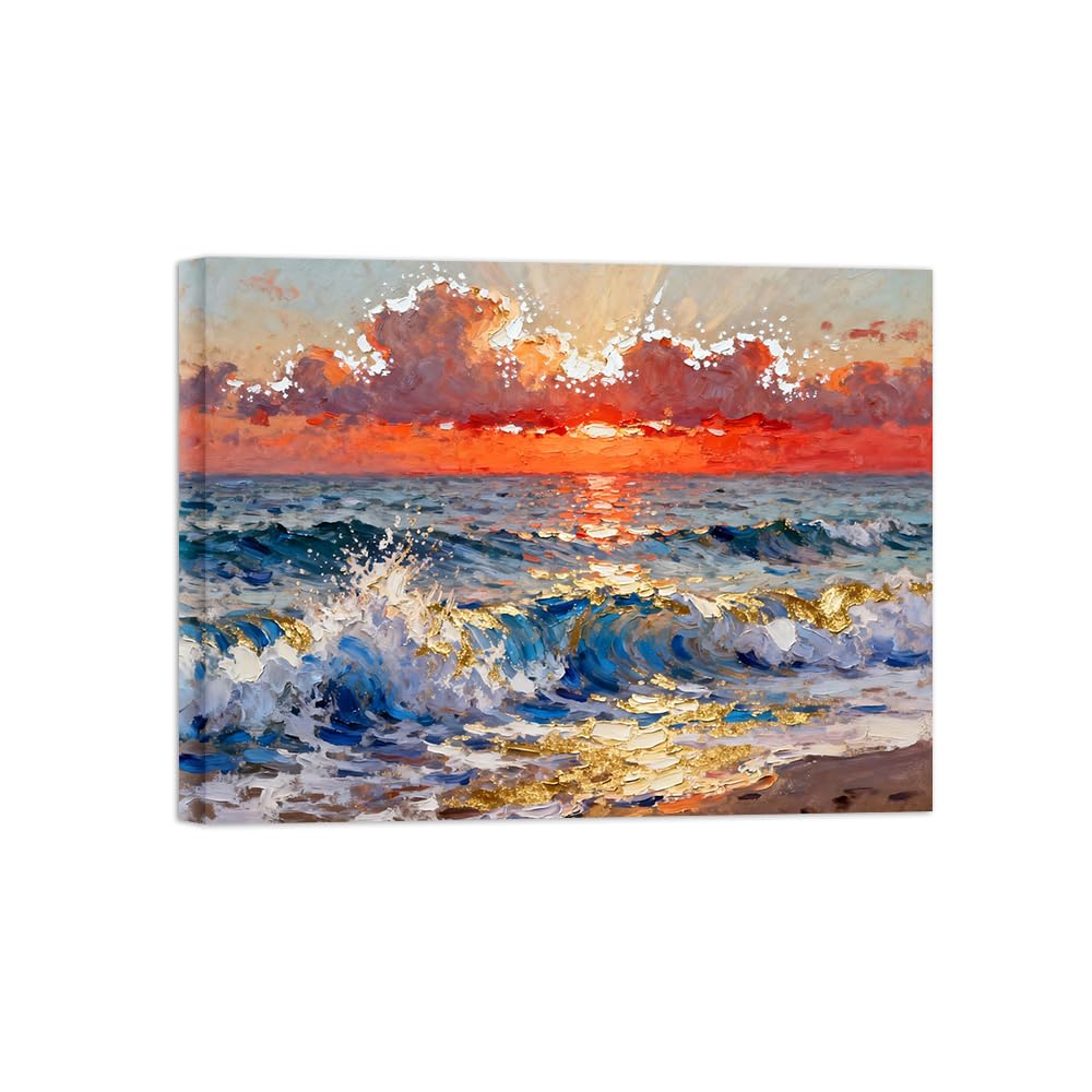 OZPWBVY Sea Wave Sunset Landscape Canvas Wall Art Picture 70x90cm Framed
