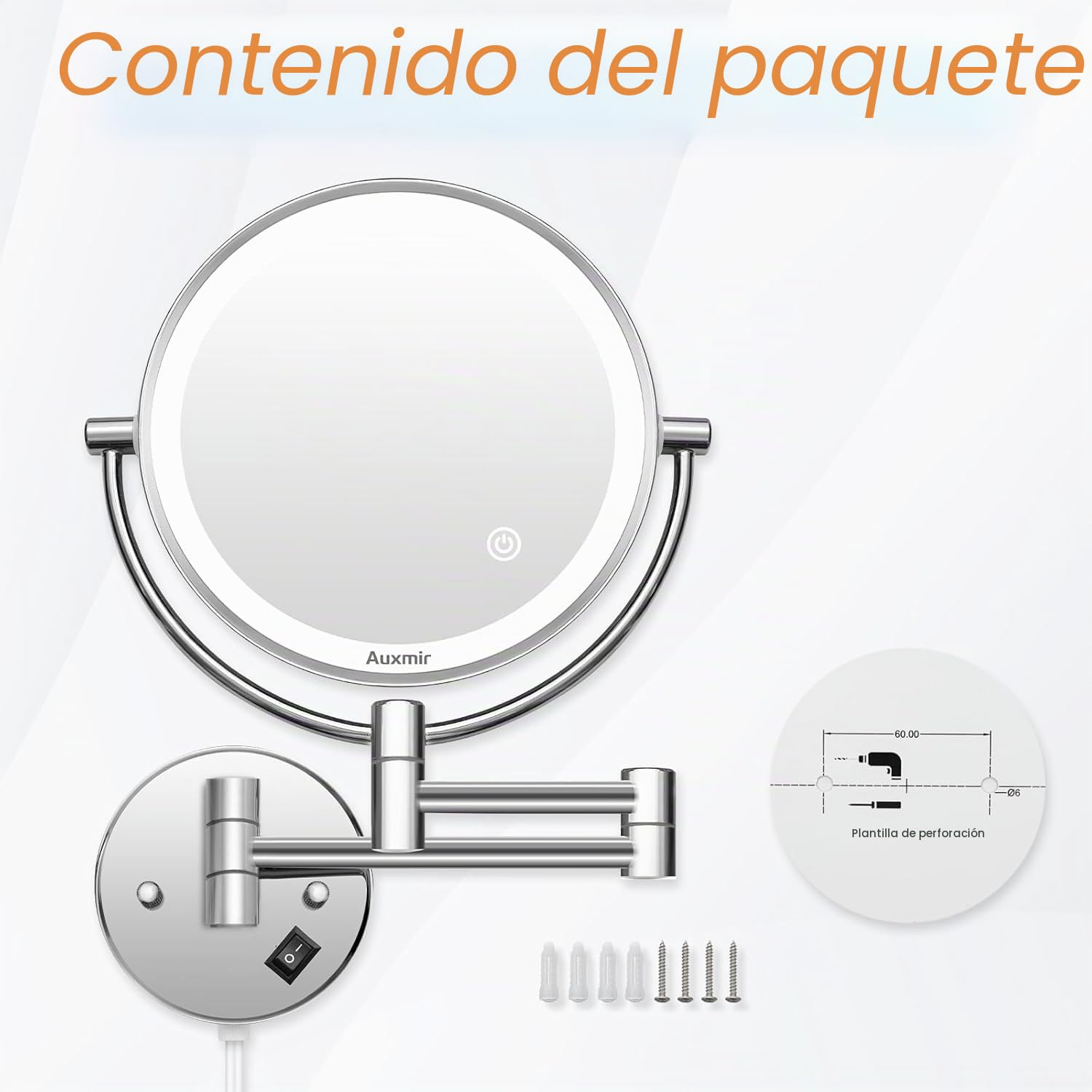 Auxmir Espejo Maquillaje con Luz Pared, 1X/20X Aumento Doble Cara Giratorio 360, Espejo Baño Extensible Táctil con Enchufe, 3 Colores Brillo Regulable, para Hotel, SPA, Plata