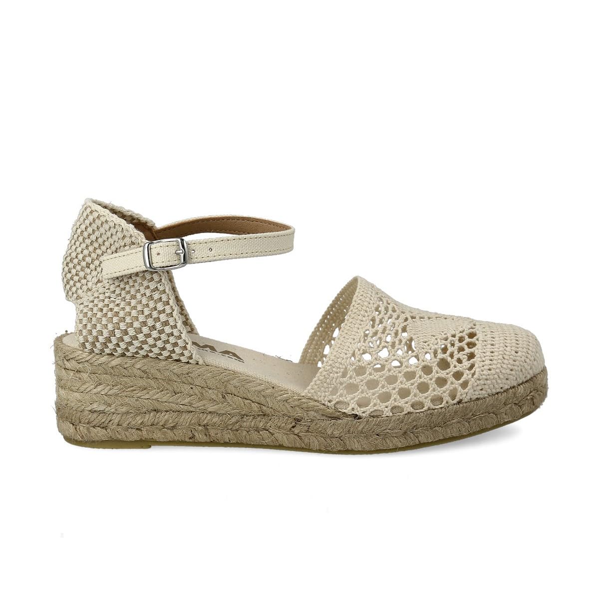 Damen Jute Gehäkelte Keilsandalen. Schuhe aus Spanien. Wedges Espadrilles mit Niedrigem Hacke. Innenpflanze mit Stoff Gepolstert. Knöchelschnalle und Knöchelriemen