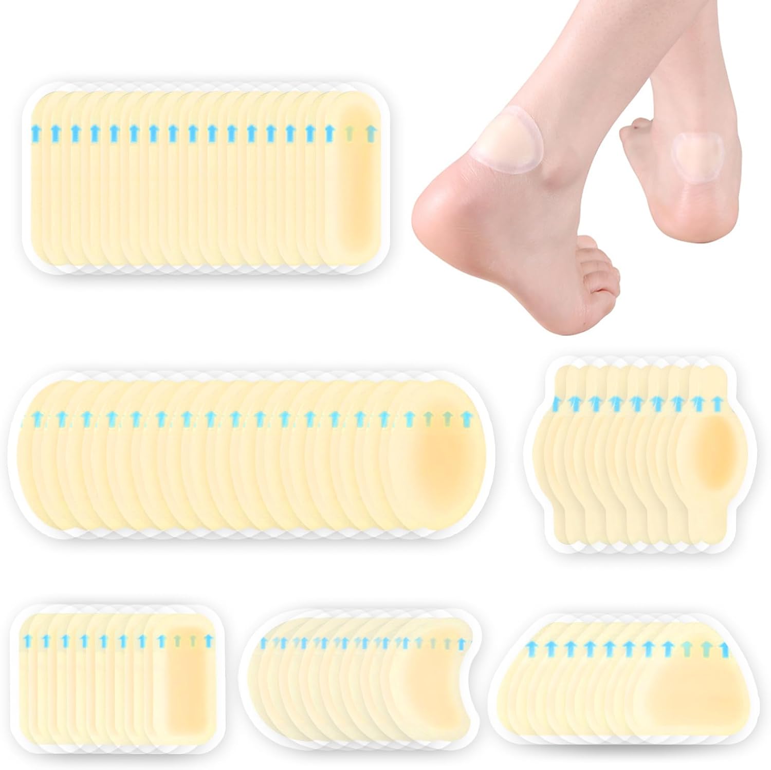 Blister Bandages for Feet 64pcs Gel Blister Pads 6 Shape, Water Resistant Hydrocolloid Bandages for Foot, Toe, Heel, Adhesive Blister Cushions for Prevention & Recovery