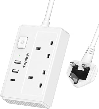 TOPREK 2 Plug Extension Lead with USB C Slots, 2 USB-A Ports + 1 USB-C, Slim Flat Plug 0.57inch, 1.5m Extension Cable with Switch & 8-Safety Protections for Home/Office/Travel