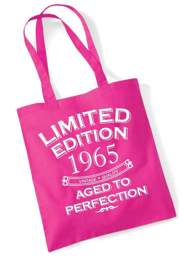 Tote Bags Women's Hot Pink Fun Birthday Gift Present Tote Shopping Cotton Bag Limited Edition Aged To Perfection Year 1965