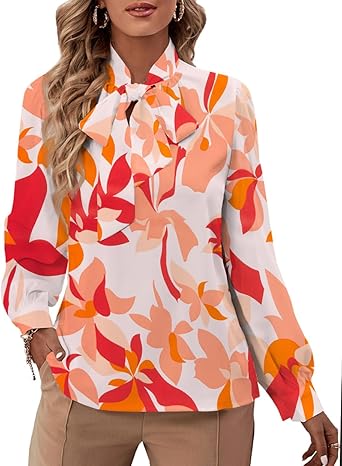 Rooscier Women's Bow Tie Neck Long Sleeve Buttton Cuff Chiffon