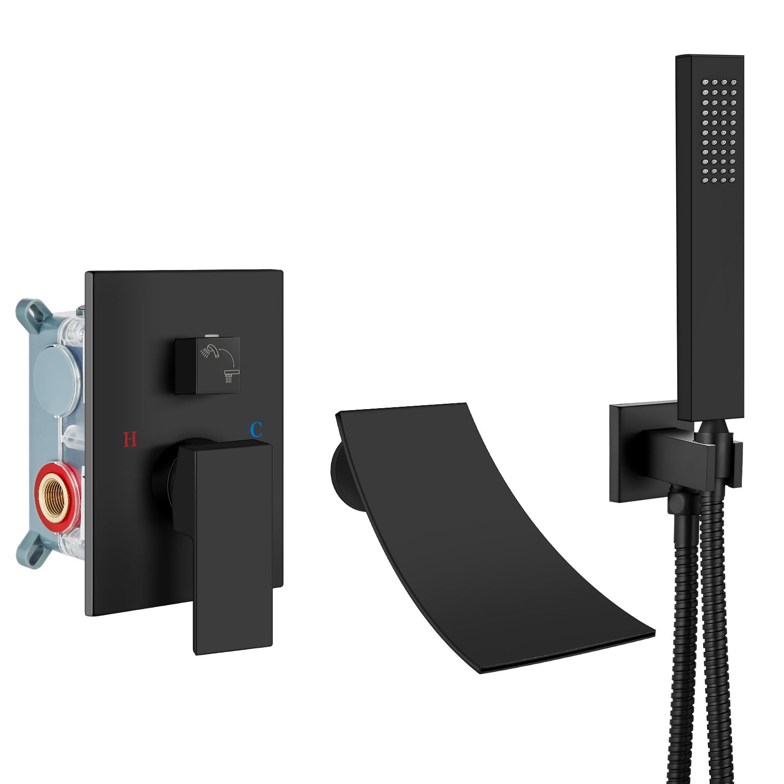 Airuida Wall Mount Tub Faucet with Waterfall Tub Spout Wall Mounted Bathtub Faucet with Handheld Shower Single Handle Tub Filler Shower Faucet Set with Rough-in valve Curved Spout Matte Black