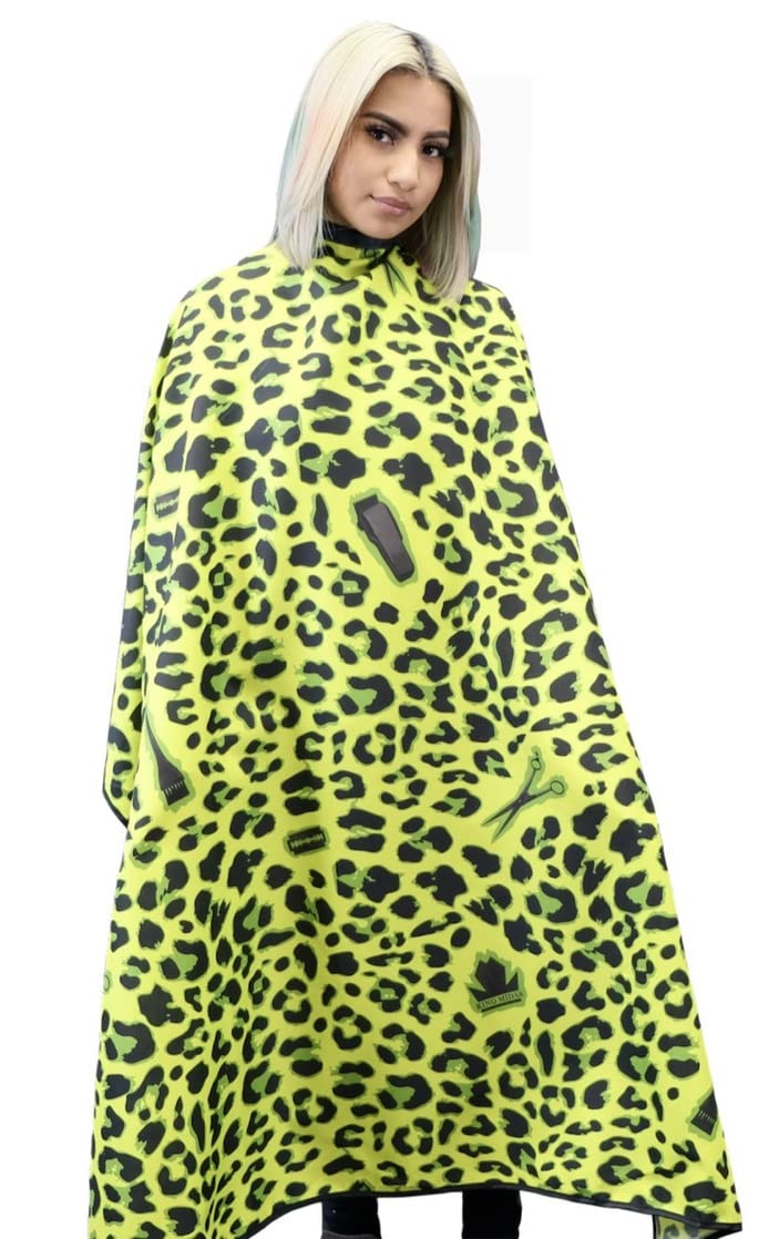 Hair Stylist Cape Unisex Barber Capes Professional, Water Proof, Extra Large, Metal Snap Button Closures Leopard King Midas Cape (Green)-image-4