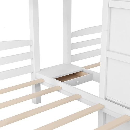 Miniatura 69 de Litera triple de madera maciza con cajones de almacenamiento y escalera, base de litera resistente con barandillas de protección para niños y