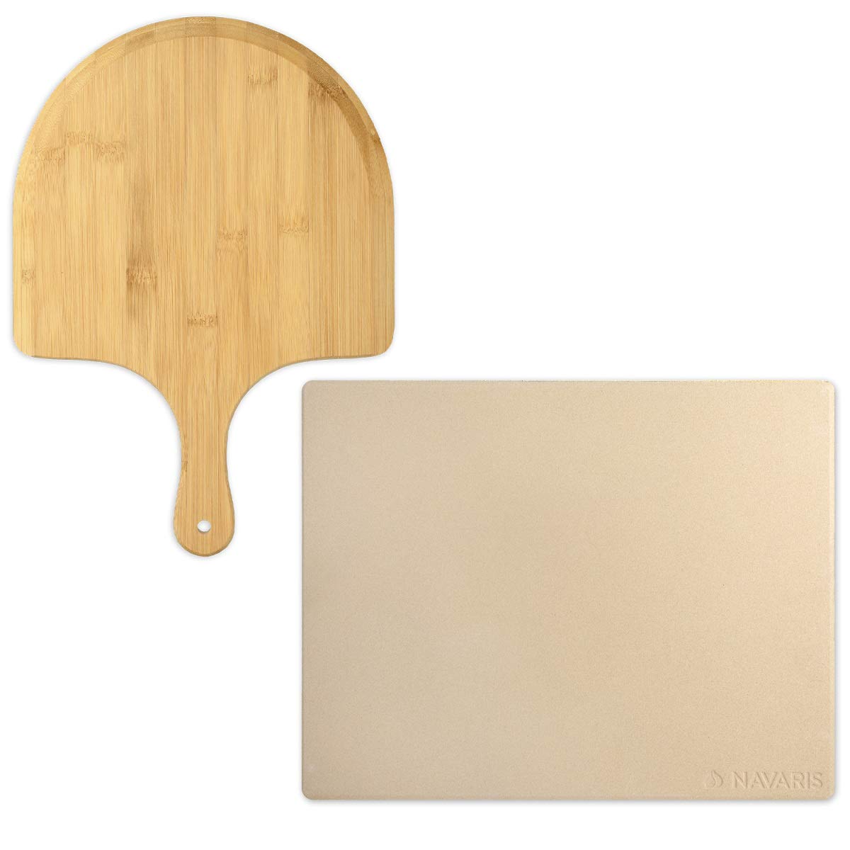 Navaris Pierre à Pizza avec Pelle - Kit Pierre Pizza Rectangulaire XL 38x30cm et Pelle en Bambou - Four Traditionnel Bois Barbecue Grill et Charbon