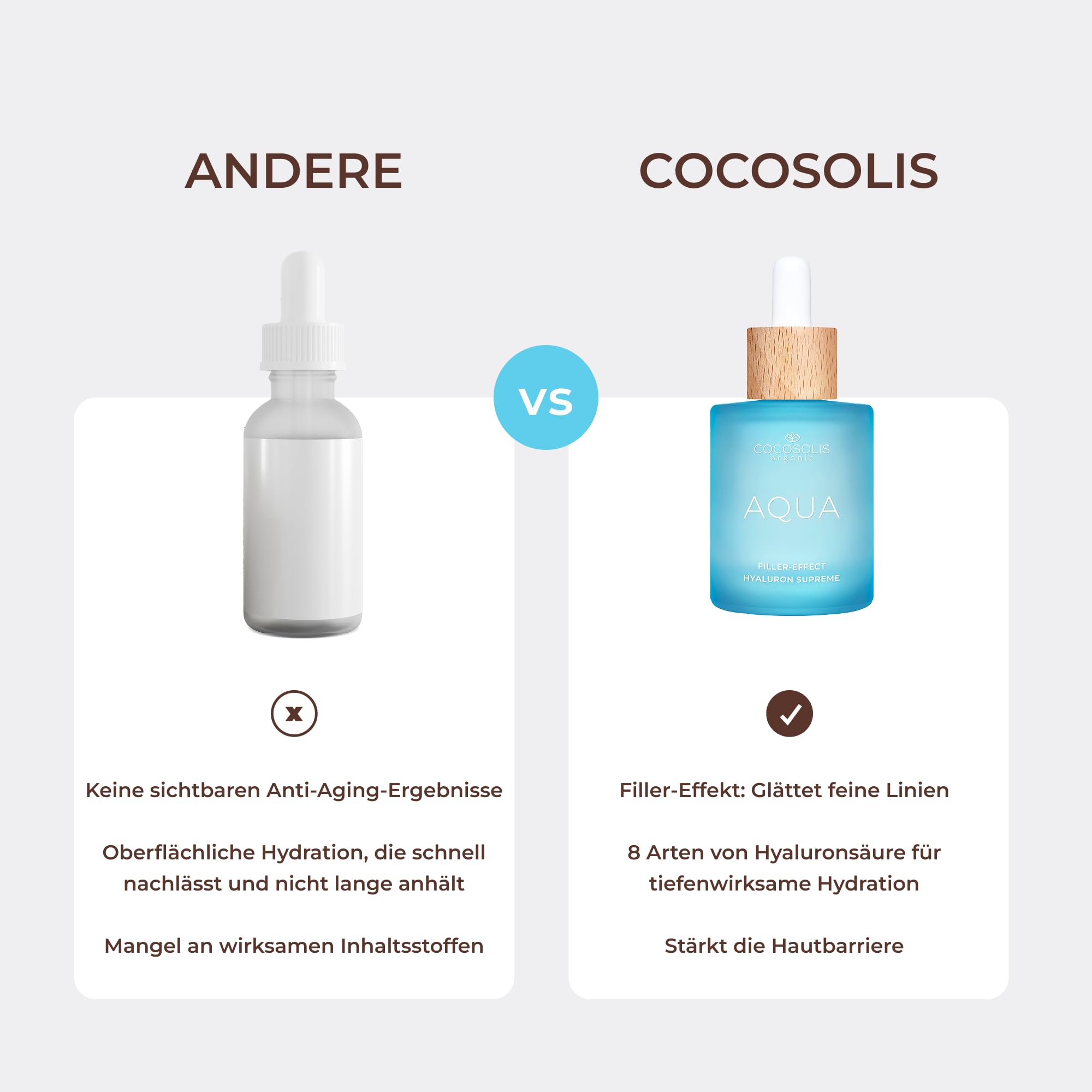 COCOSOLIS AQUA Filler-Effect Hyaluron Supreme Gesichtsserum mit 8 Arten Hyaluronsäure und Aquaxyl™, vegane Anti-Age Tagespflege mit Ultra Hydration