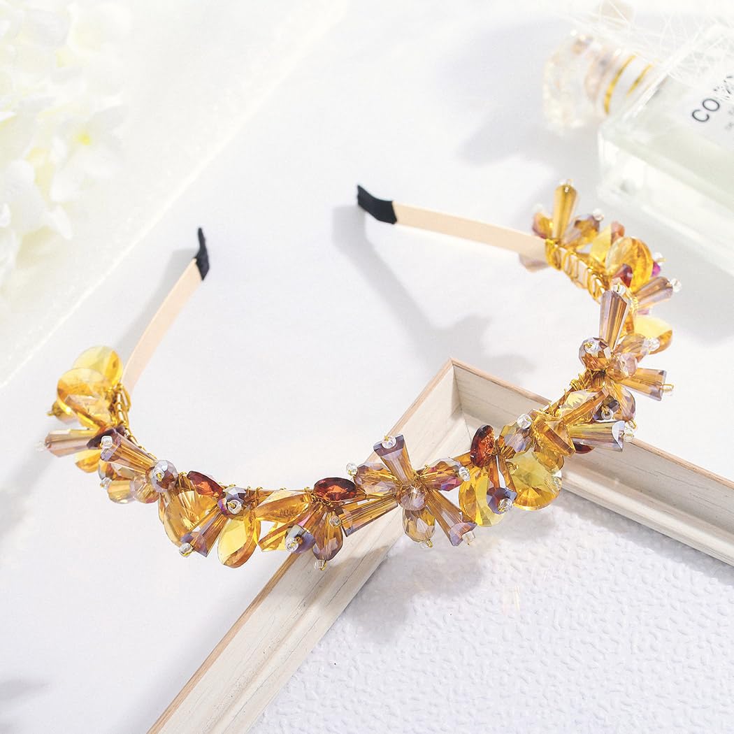 Formery Yellow Crystals Headband Gold Sparkle Crystal Hair Band Party Prom Wedding Floral Beads Headpiece Accessories for Women - Image 2