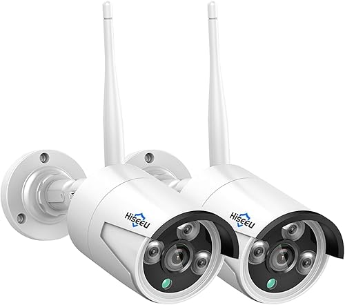 Hiseeu Paquete de 2 cámaras de seguridad inalámbricas para exteriores de 3 MP, lente impermeable para interiores y exteriores de 0.142 in, visión