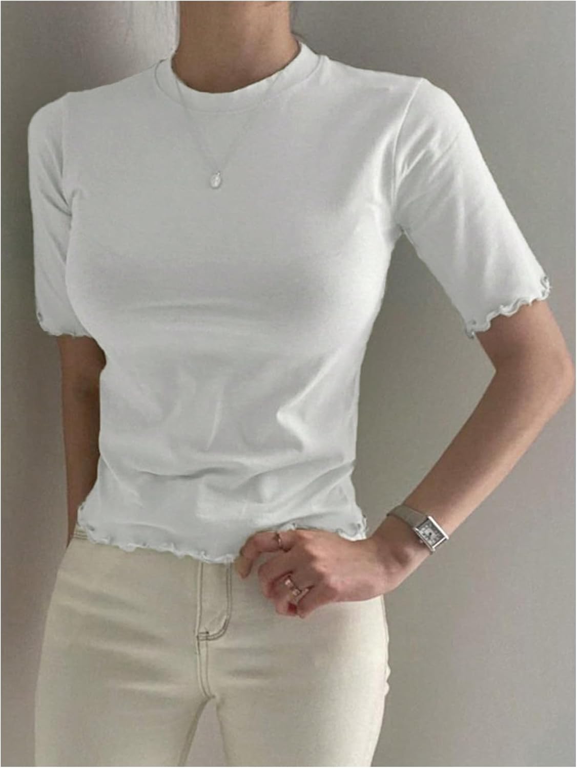 SHENHE Women's Summer Short Sleeve Tee Shirt Crew Neck Slim Fitted Lettuce Trim Top Tshirt - Image 2