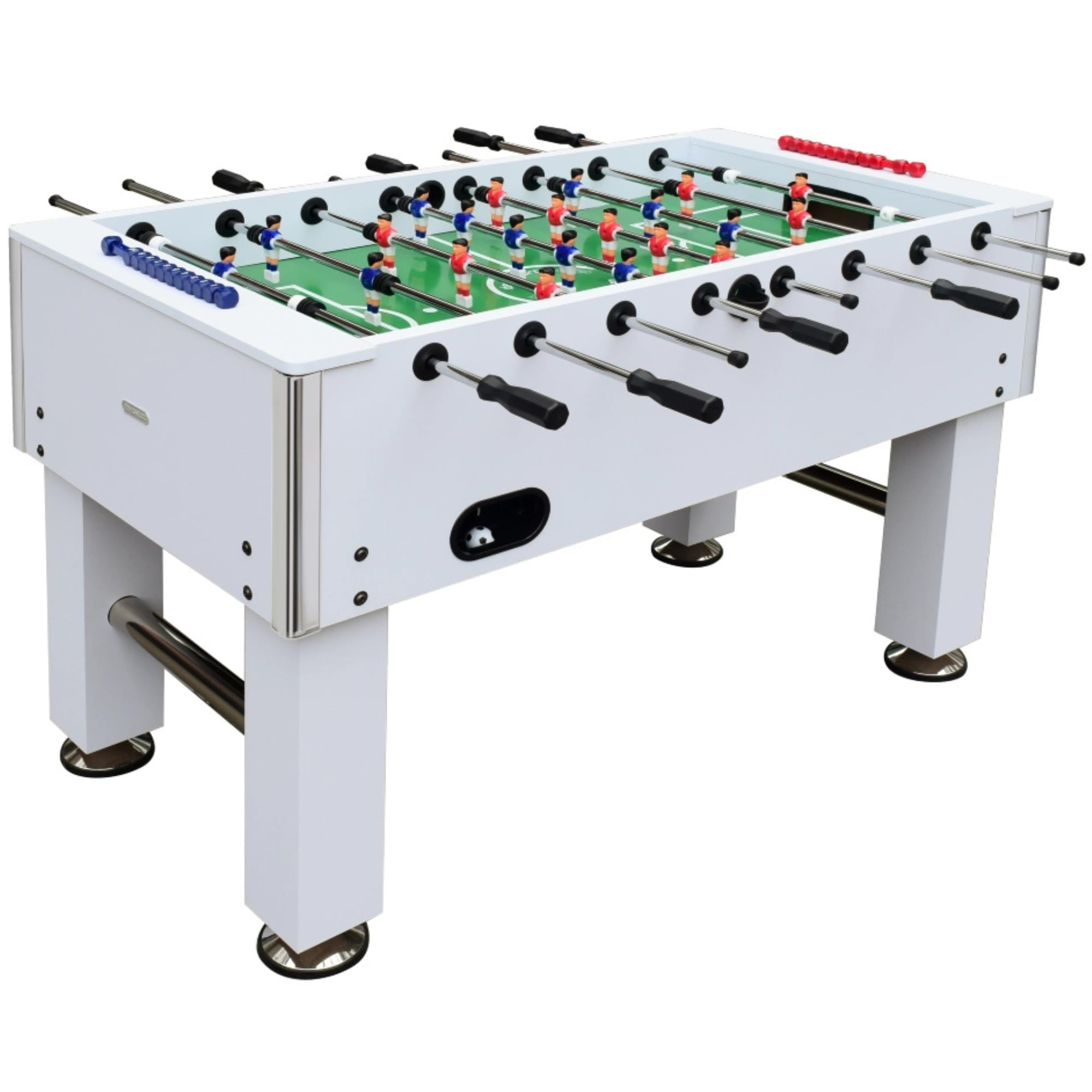 DEVESSPORT Futbolín Semi Profesional Salón Blanco con Retorno de Bolas| Jugadores de Piernas Separadas + Retorno de Bolas + 2 Pelotas Incluidas | Pack Futbolín Semi Profesional con Niveladores
