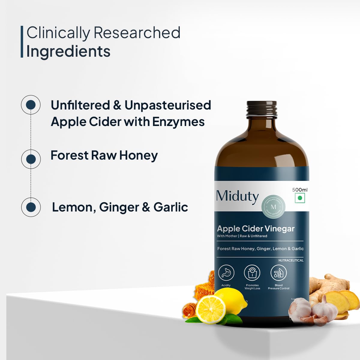 Miduty Raw & Unfiltered Apple Cider Vinegar - Forest Raw Honey - Lemon - Ginger - Garlic - Enriched with Minerals - Promotes Weight Loss - from Himalayan Apples - Glass Bottle - 500 ml - Image 5 thumbnail