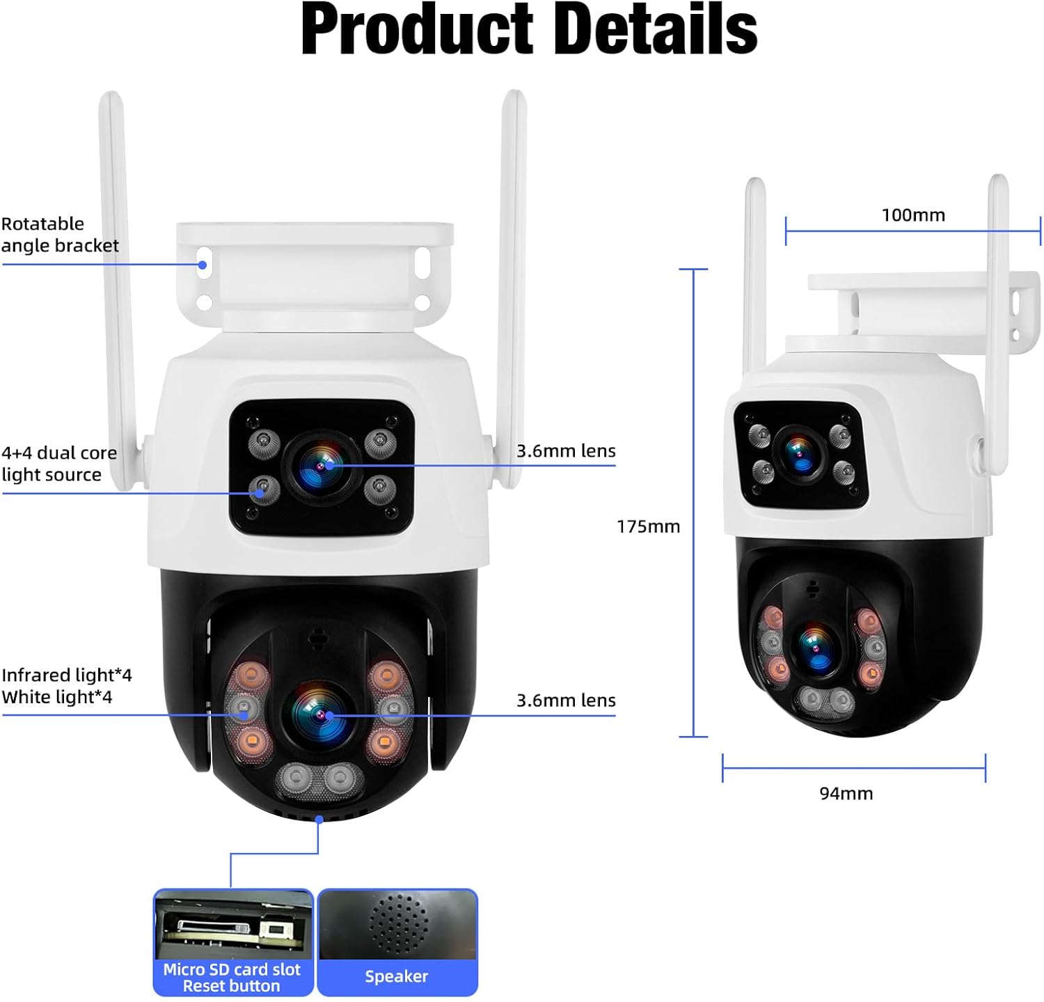 Detailed product dimensions and components of the Fuers 6MP Wireless Security Camera, showing the rotatable angle bracket, dual core light sources, 3.6mm lenses, Micro SD card slot, and speaker.