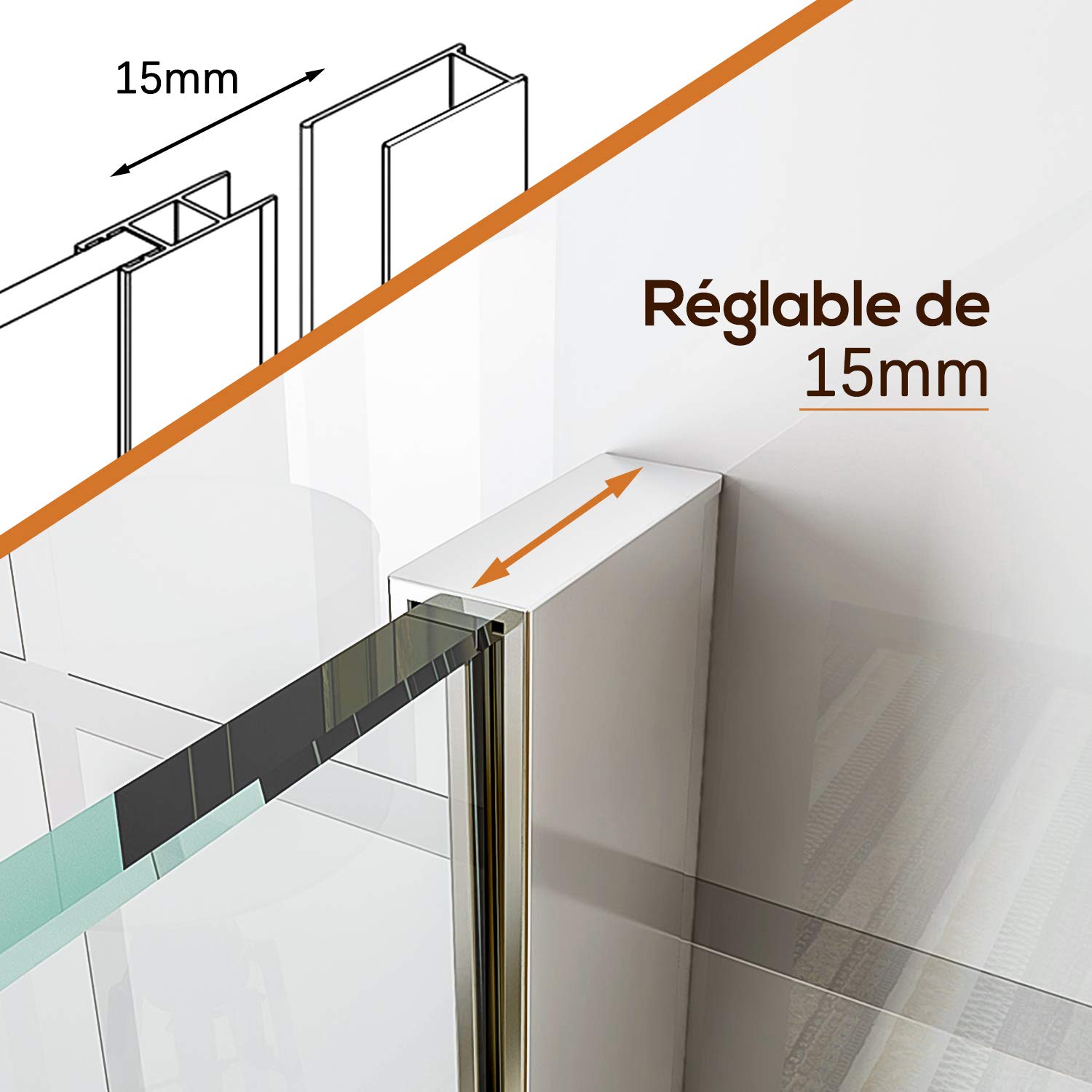 SIRHONA Porte de Douche Coulissante 90x200 cm, Verre Trempé 8mm Transparent, Isolation Thermique, Étanche, Barre en Acier Inoxydable, Montage Murale Réglable -15mm, Design Moderne pour Salle de Bain