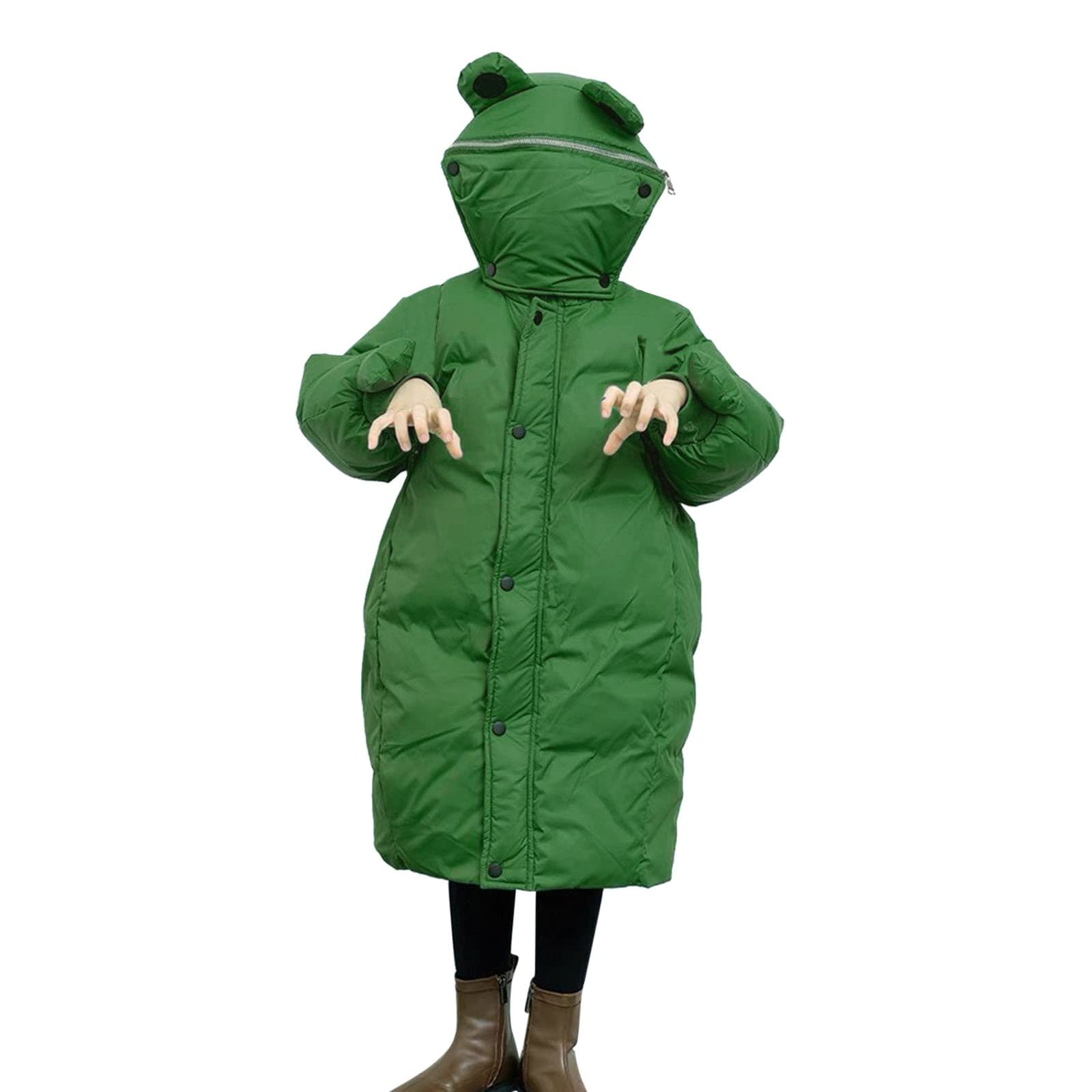 XUETONWomen's Thickened Down Jacket Long Winter Zip up Coat Hooded Puffer Jacket Green Funny Frog Thick Quilted Jacket