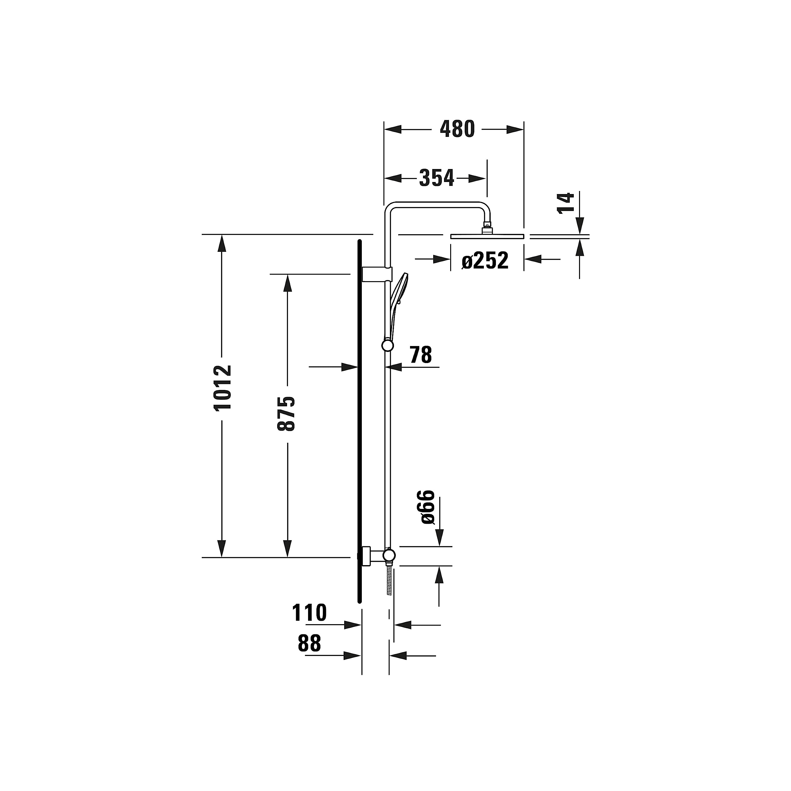 Système de douche Duravit, système de douche à économie d'eau, douche de tête avec 3 types de jets (Rain, Intense Rain, Soft Rain), réglable en angle, kit de douche facile à nettoyer, doré poli