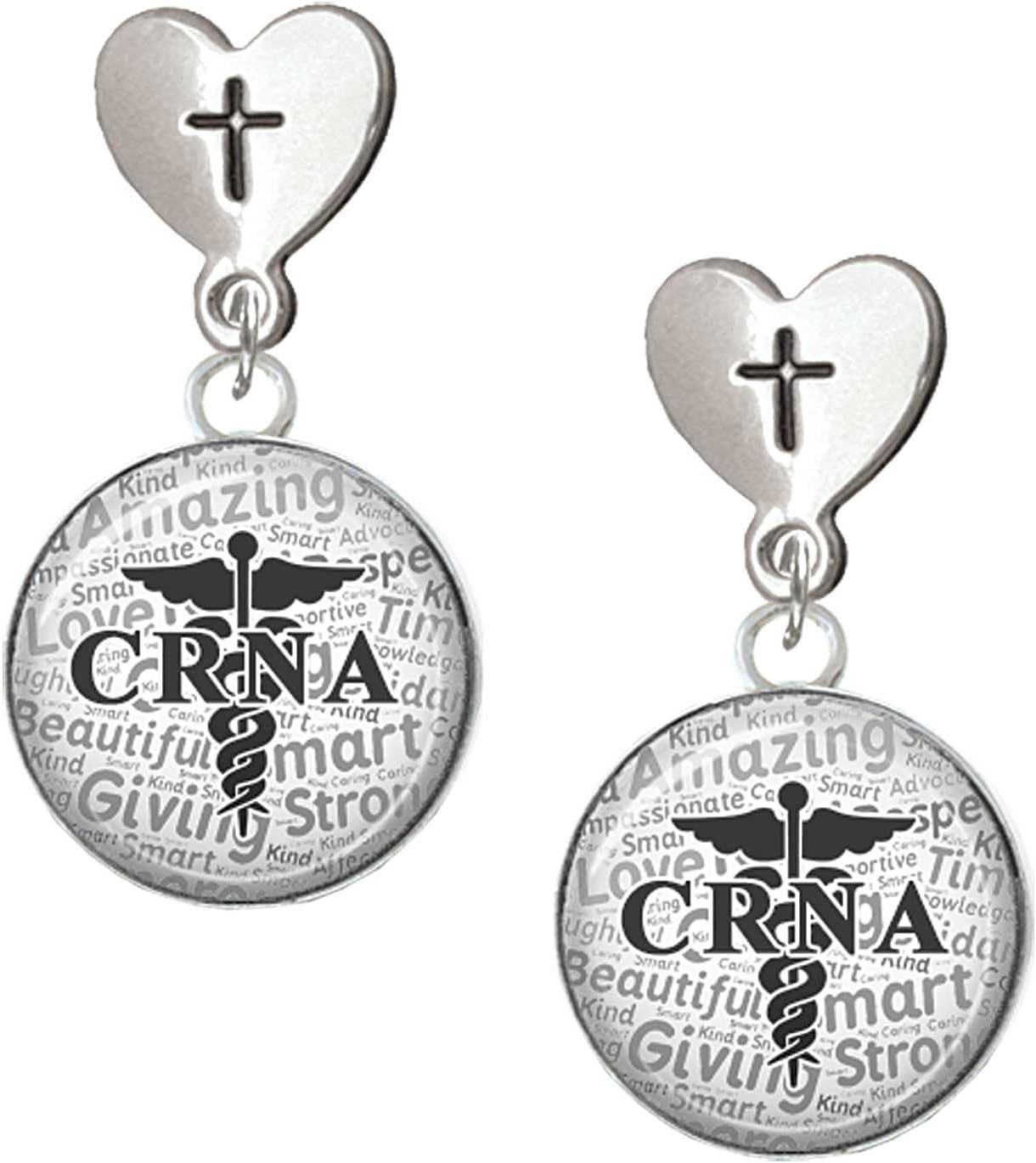 Delight Jewelry Silvertone Domed CRNA Cross in Heart Post Dangle Earrings