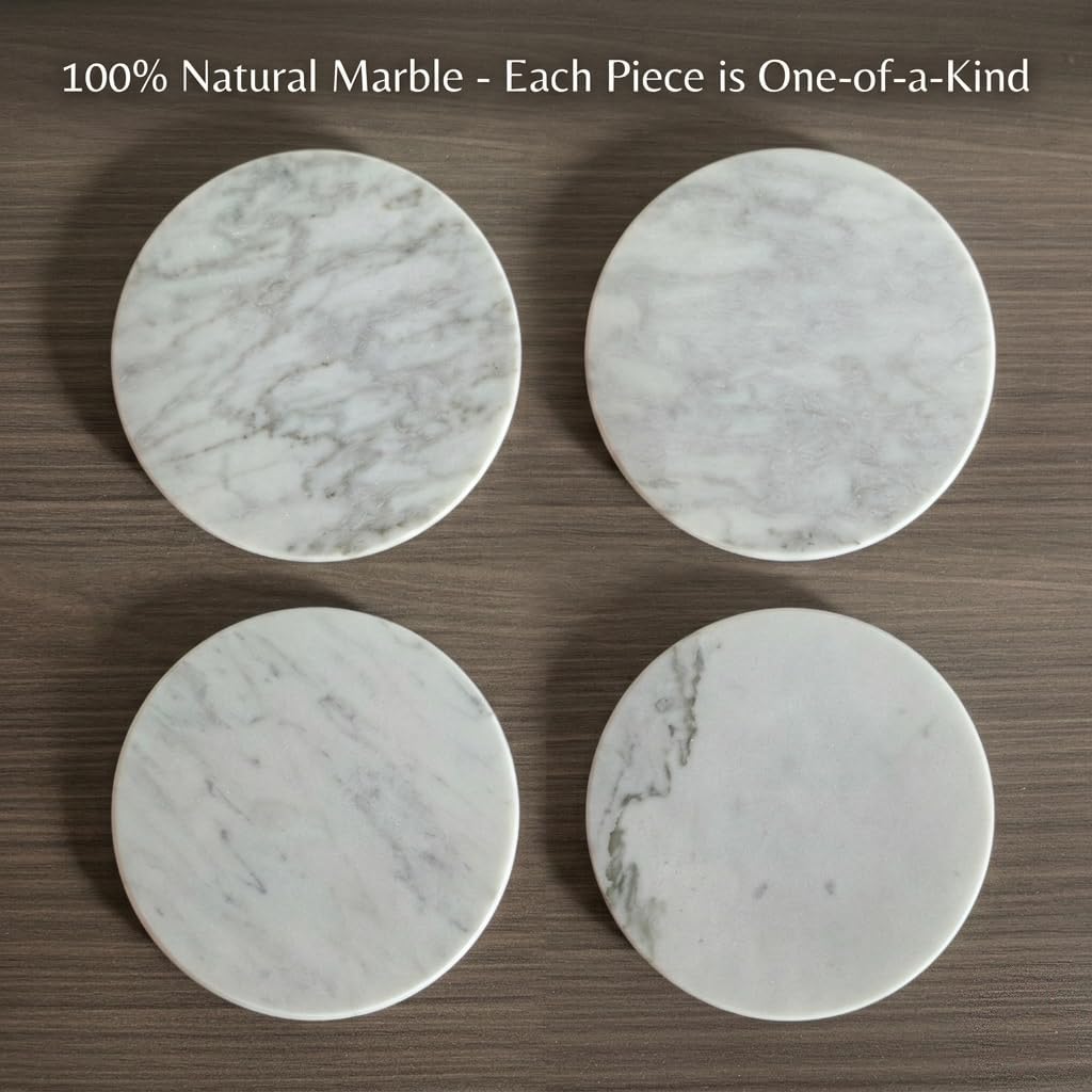 4-Inch Round White Marble Coasters with Holder, Set of 4 image 3