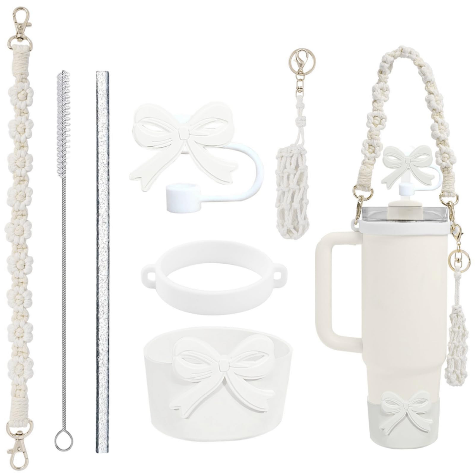 7PCS Stanley Cup Accessories Set for 30oz 40oz Tumbler,Including Silicone Stanley Cup Boot Straw Cover,Straw and Brush, Water Bottle Handle Strap Tumbler Charms Decorations,Tumbler Accessories(White)