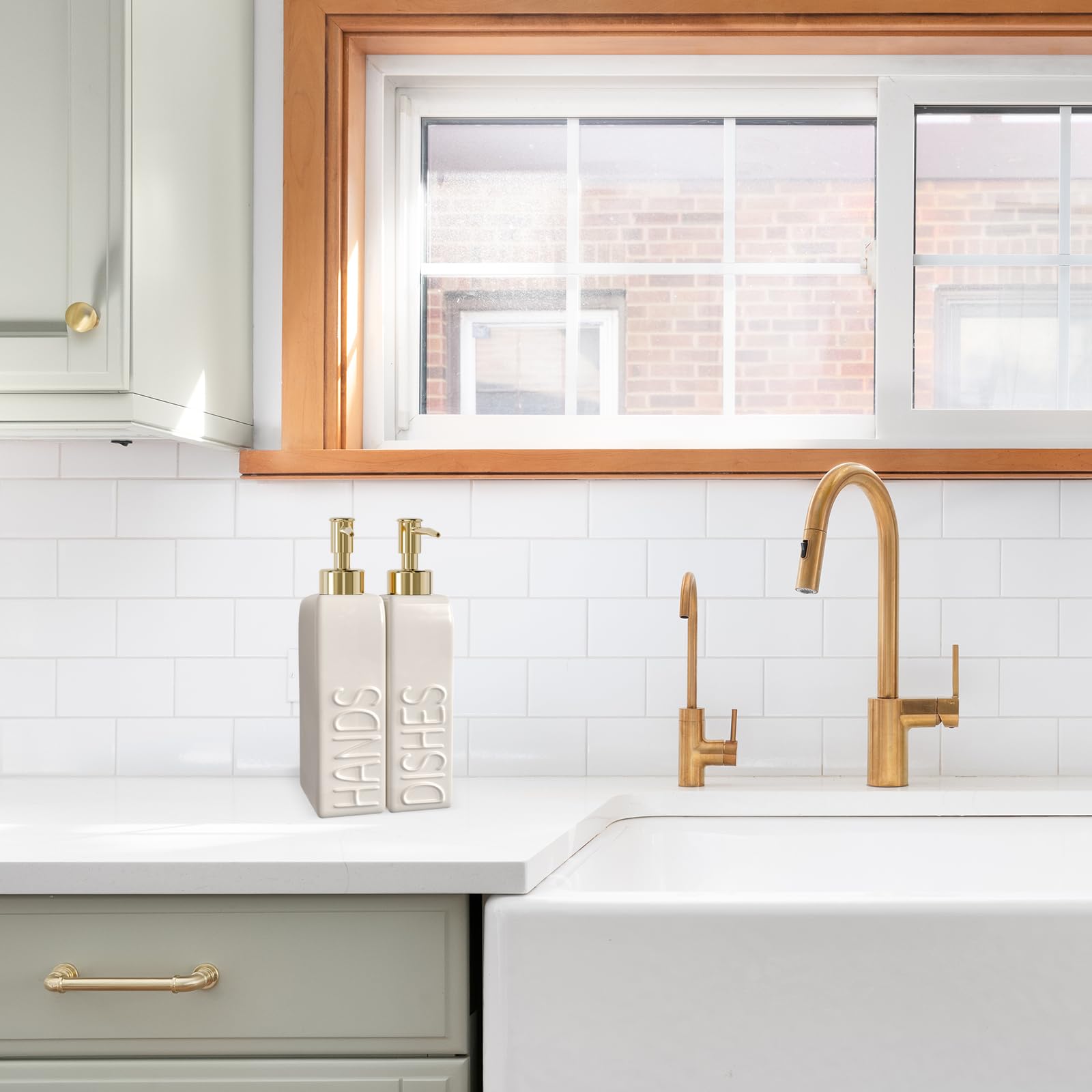 Karisky Soap Dispenser Set with Gold Stainless Steel Pump and a Funnel, 2 Pack Modern Ceramic Refillable Hand and Dish Soap Dispenser for Kitchen, Bathroom, Matte White