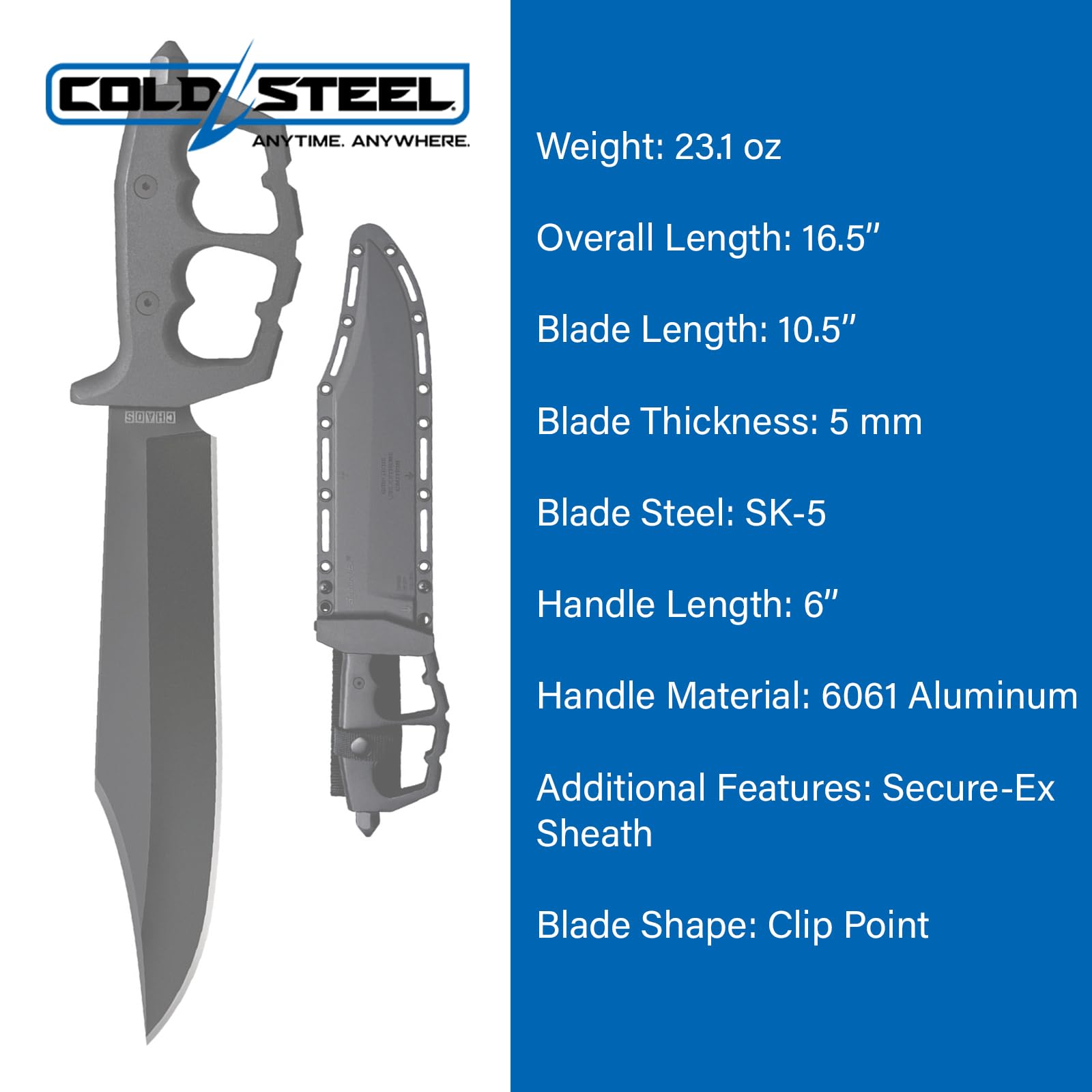 Cold Steel, Nóż Bowie, Chaos Bowie, ostrze: 26,7 cm, Clip Point, nóż outdoorowy, czarny