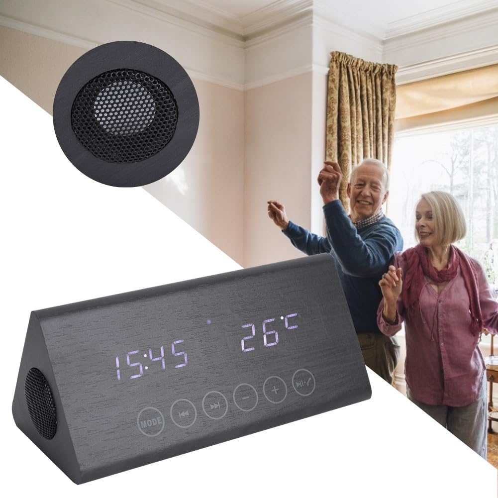Despertador con Altavoz Bluetooth, Pantalla LED Digital, Termómetro, Radio FM, 5 Alarmas Musicales, para Uso en el Dormitorio de la Oficina en casa (Madera Negra y Letras Blancas.)