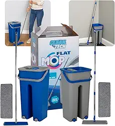 Mop Flat com Balde Lava e Seca, 5L, Kit com 2 Refis de Microfibra Lavavel, Cabo Inox 120cm, Base Flexive l360° 32cm, Azul e Cinza, Limpeza de Pisos, Cantos e Debaixo de Móveis