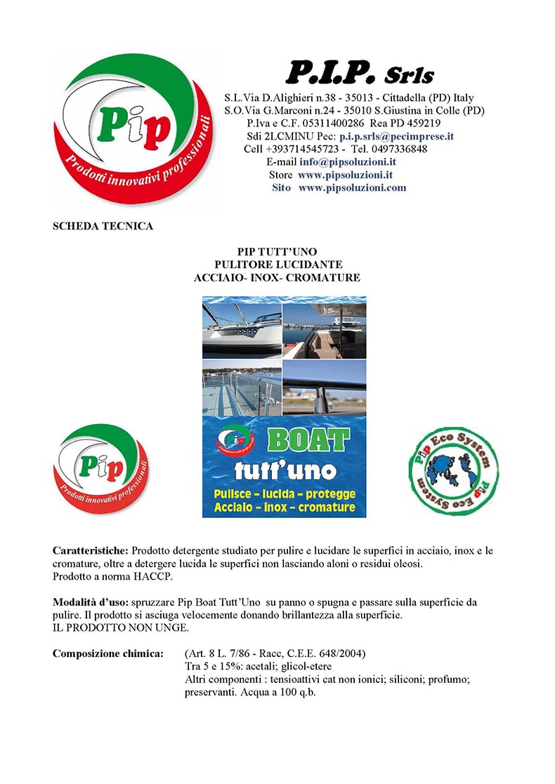 Pip Detergente per Barche Eco Boat Tutt'uno, Pulisce Lucida e Protegge Acciao Inox e Cromature, Completa Cura e Manutenzione della Imbarcazione, Professionale, Concentrato