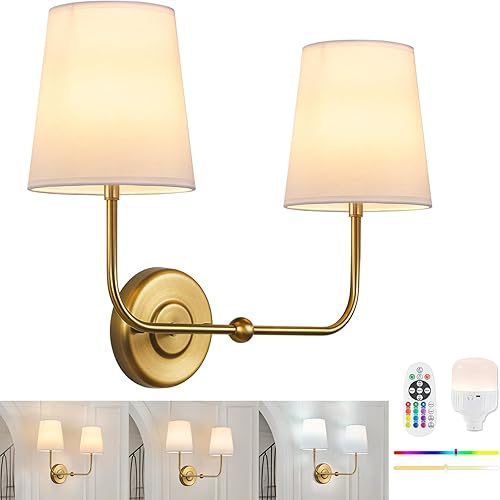 TERLEENART Aplique de pared regulable de 3 colores recargable con pilas, doble luz con pantalla cónica de tela blanca y base de latón antiguo para