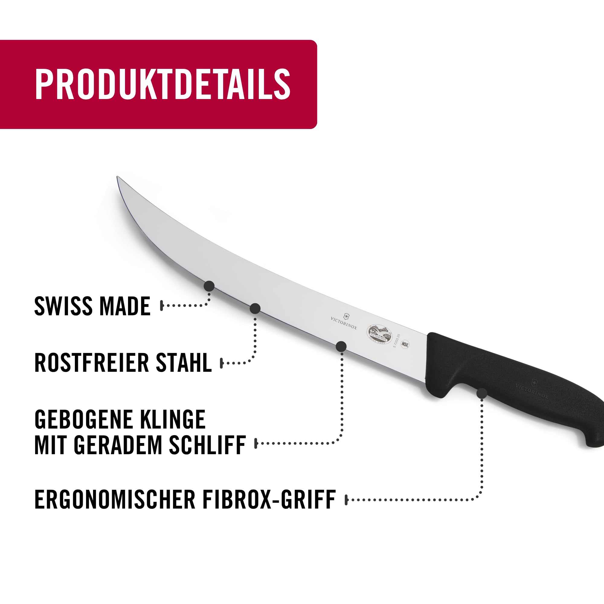 Victorinox Fibrox Schlachtmesser, Langes Zerlegemesser zum Zerteilen großer Fleischstücke, 25 cm, Gebogene Klinge, Scharf, Rostfreier Stahl, Schwarz