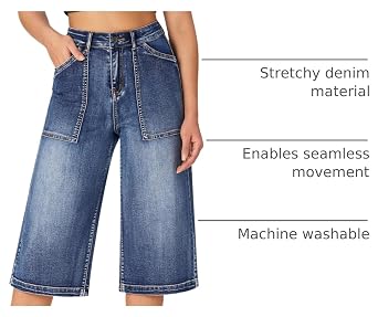 roswear Womens Wide Leg Capri Pants Stretchy High Waisted Loose Denim Jeans