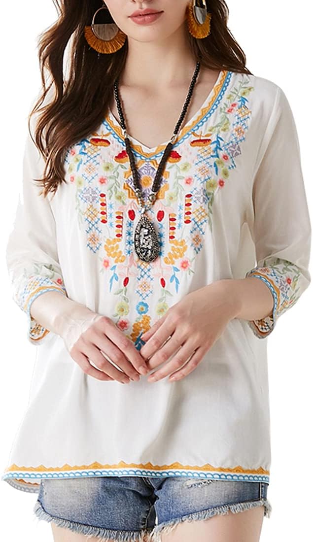 Women's Embroidered Tops 3/4 Sleeve Traditional Mexican Shirts for Women V Neck Peasant Tunic Blouses