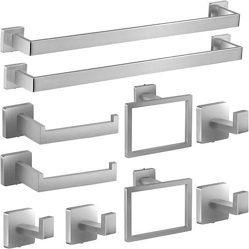 Miniatura 8 de Hinmood Juego de accesorios de baño negro mate, juego de 5 toallas de baño de 24 pulgadas, juego de 5 piezas, juego de toallero cuadrado de acero