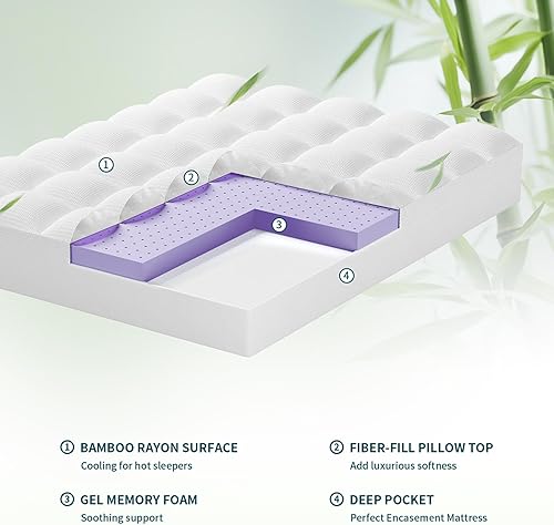 Miniatura 8 de Bedluxury Cubrecolchón de fibra viscoelástica de gel de 3 pulgadas, funda de colchón de doble capa, soporte cómodo y alivio de presión