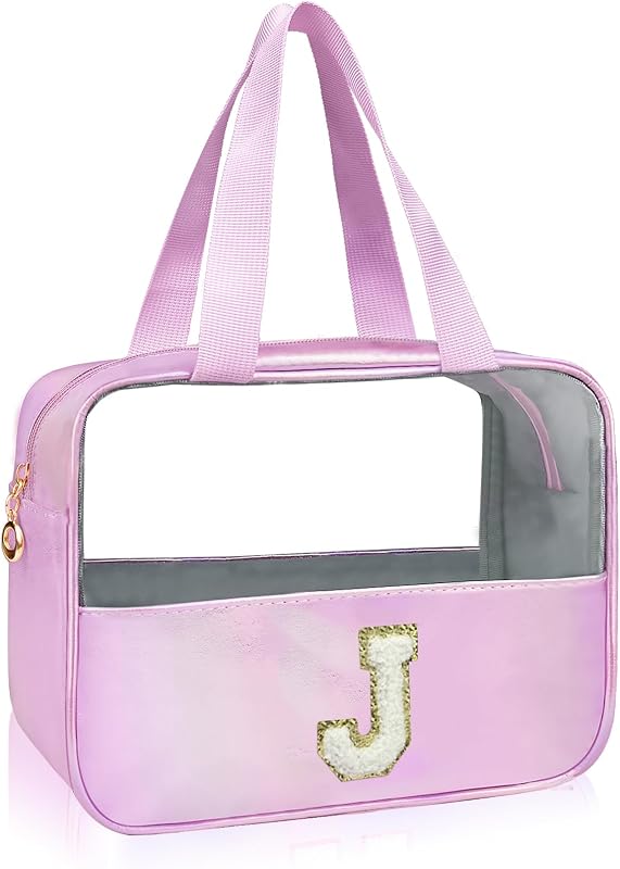 Necessaire transparente roxa Junesters com inicial J, zíper e organizador para viagem