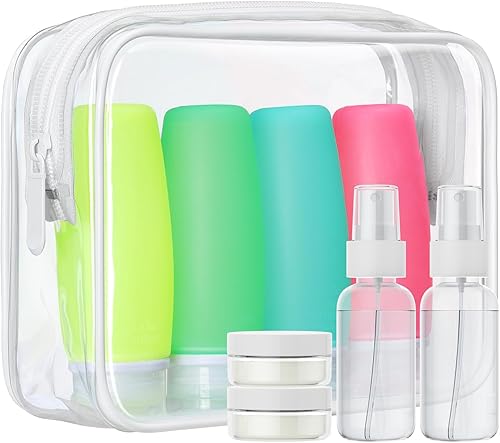 PACKISM TSA Approved Toiletry Bag with Bottles - Travel Essentials 8 Pack Leakproof 3.4oz Silicone Travel Bottles for Toiletries, Shampoo