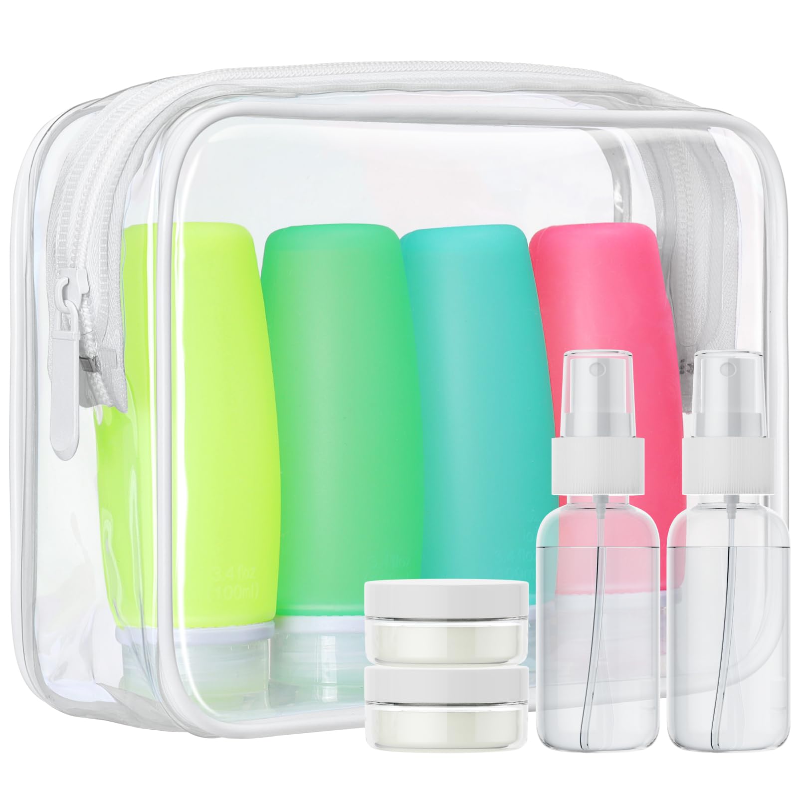 PACKISM 9 Pack TSA Approved Toiletry Bag with Bottles - Leakproof 3.4oz Silicone Travel Container Kit for Toiletries, Clear Quart Size Bag for Shampoo
