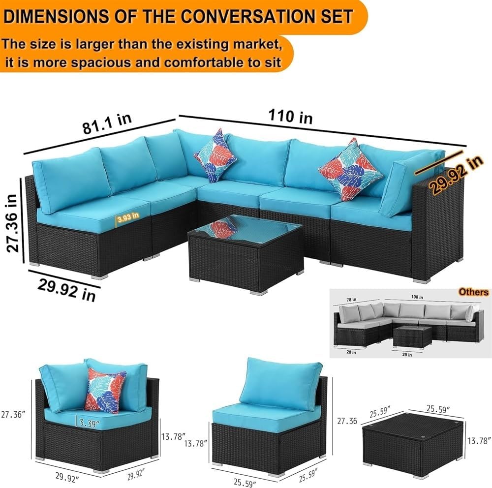Patio Sectional Furniture Set, 7 Pieces Outdoor Patio Furniture Set Sectional Rattan Sofa Manual Wicker Patio Conversation Set,1 Tempered Glass Tea Table and Cushions Covers