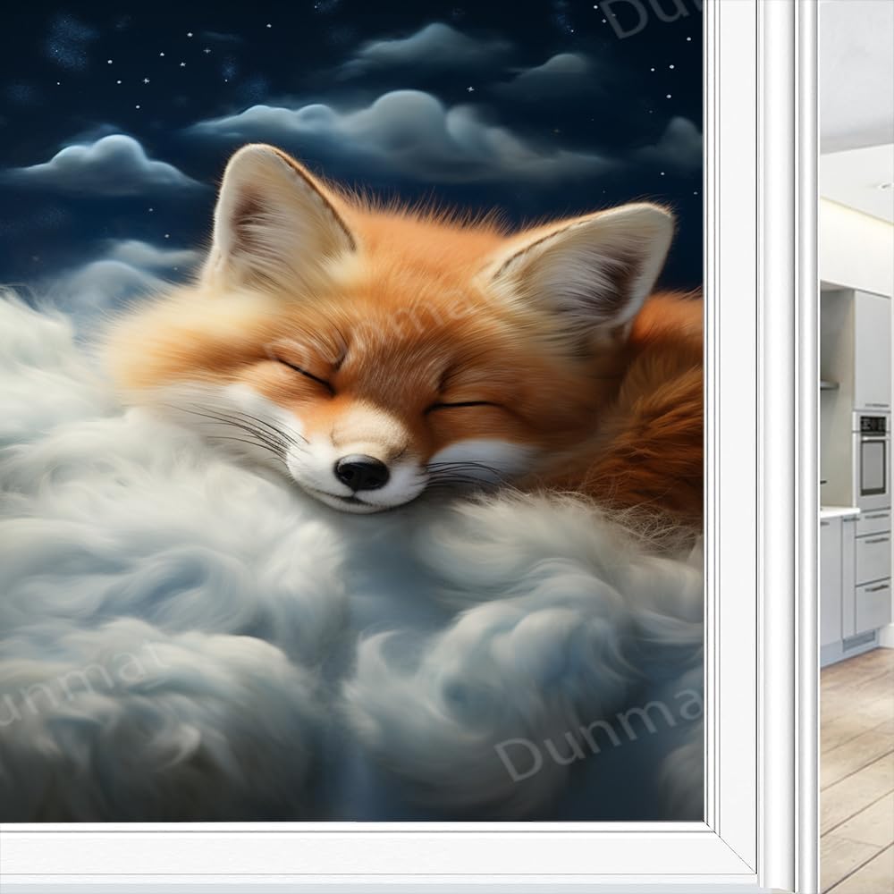 Abstract Cartoon Fox Stained Glass Window Privacy Film Beautiful Clouds Moon Orange Animal Window Decor Heat Blocking Self-Adhesive Glass Door Covering for Bathroom Home 35.4Wx55.1L inch