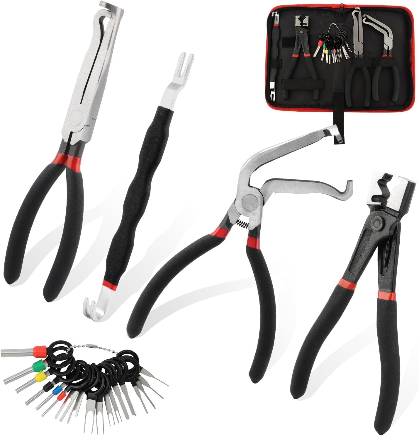4Pcs Electrical Disconnect Pliers for Cars, Automotive Electrical Terminal Connector Separator and Removal Tool, Straight Angled Pliers, 18 Terminal Pin Removal & Storage Bag(Black)