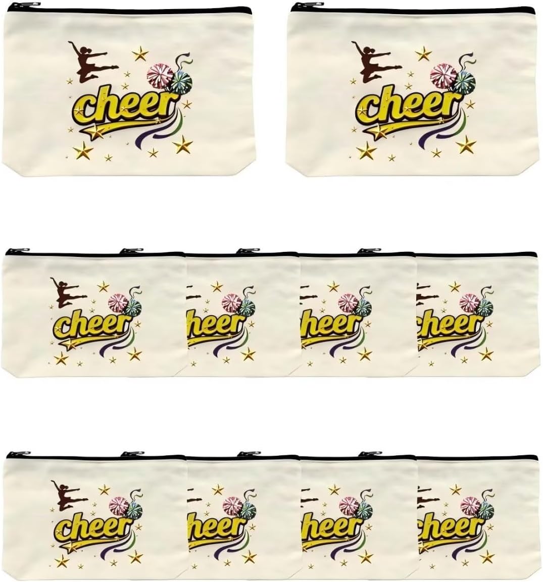 10 Pack Cheer Bags Bulk, Multi-Use Beige Canvas Pouch for Makeup, Snacks & Stationery, Cheerleader Team Gifts, Party Favors (8.85x5.90x1.77in)