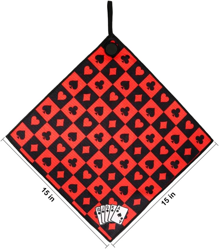 Myartte Poker Royal Flush Microfiber Golf Towel with Magnetic Clip Waffle Weave Towel for Cleaning Clubs Balls for Men Women Golfer 15" x 15" (Red) image 5