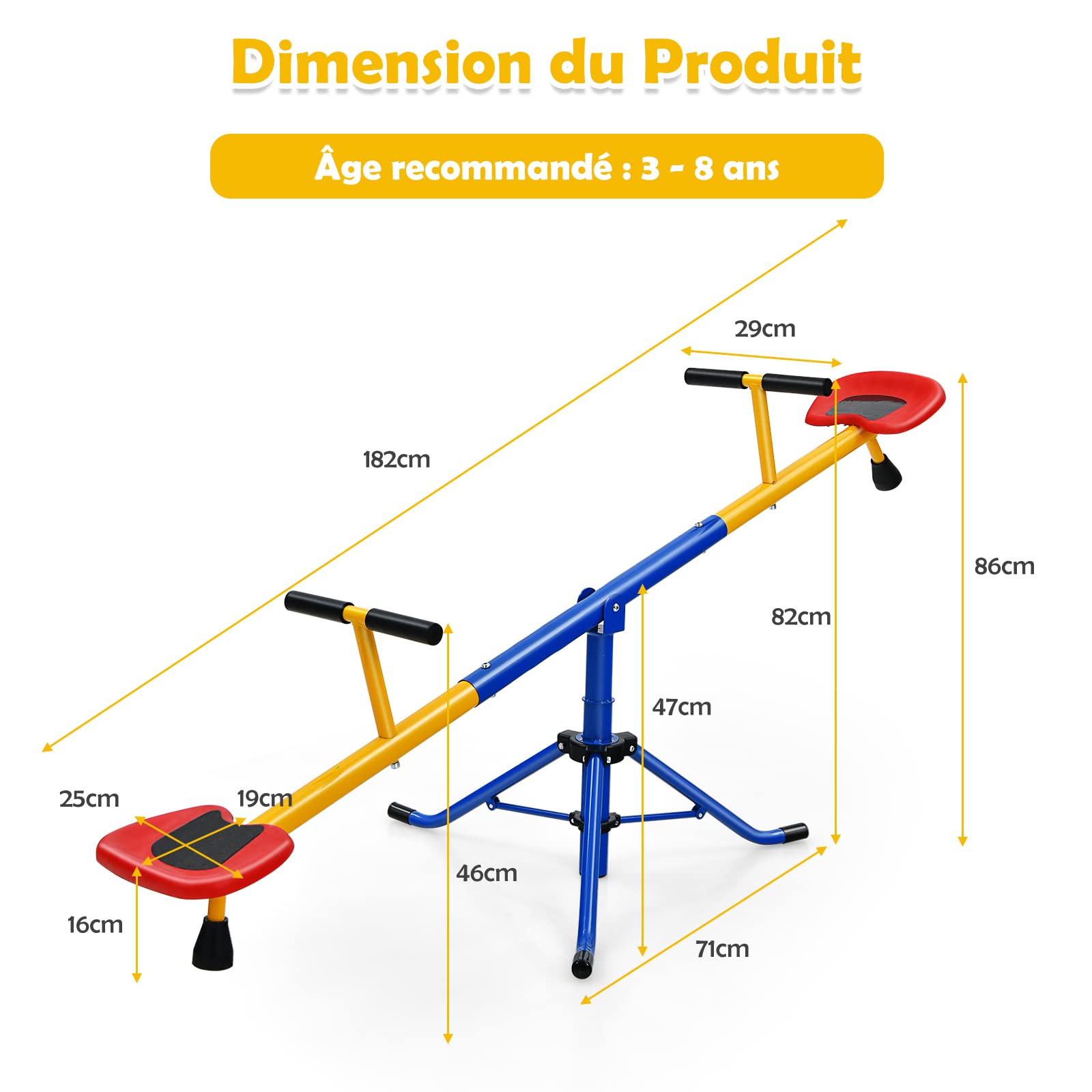DREAMADE Balançoire à Bascule en Acier pour Enfants 3+ Ans, Trébuchet Rotative à 360° avec Poignées Antidérapantes et Assises, Base à Trois Griffes, Aire de Jeu pour Cour Maternelle